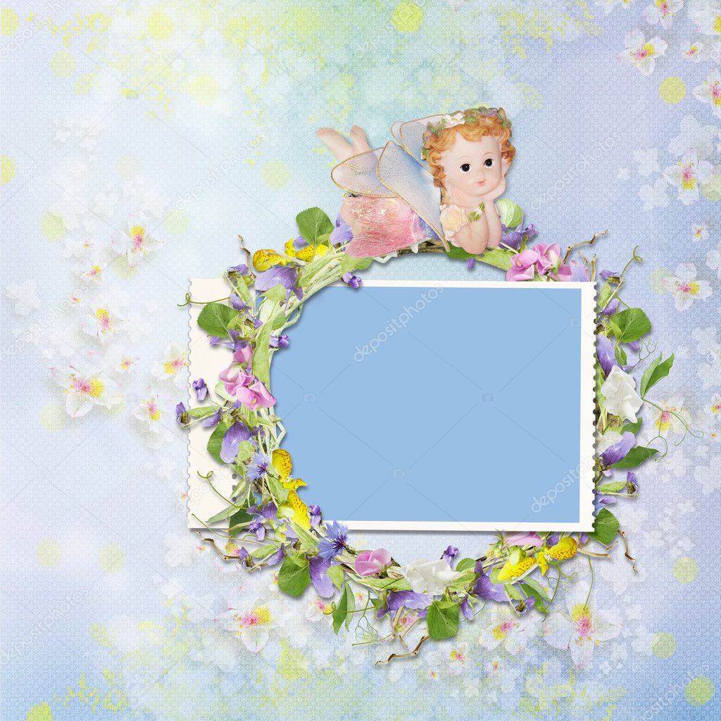 Frame with a wreath of flowers and a fairy on a background