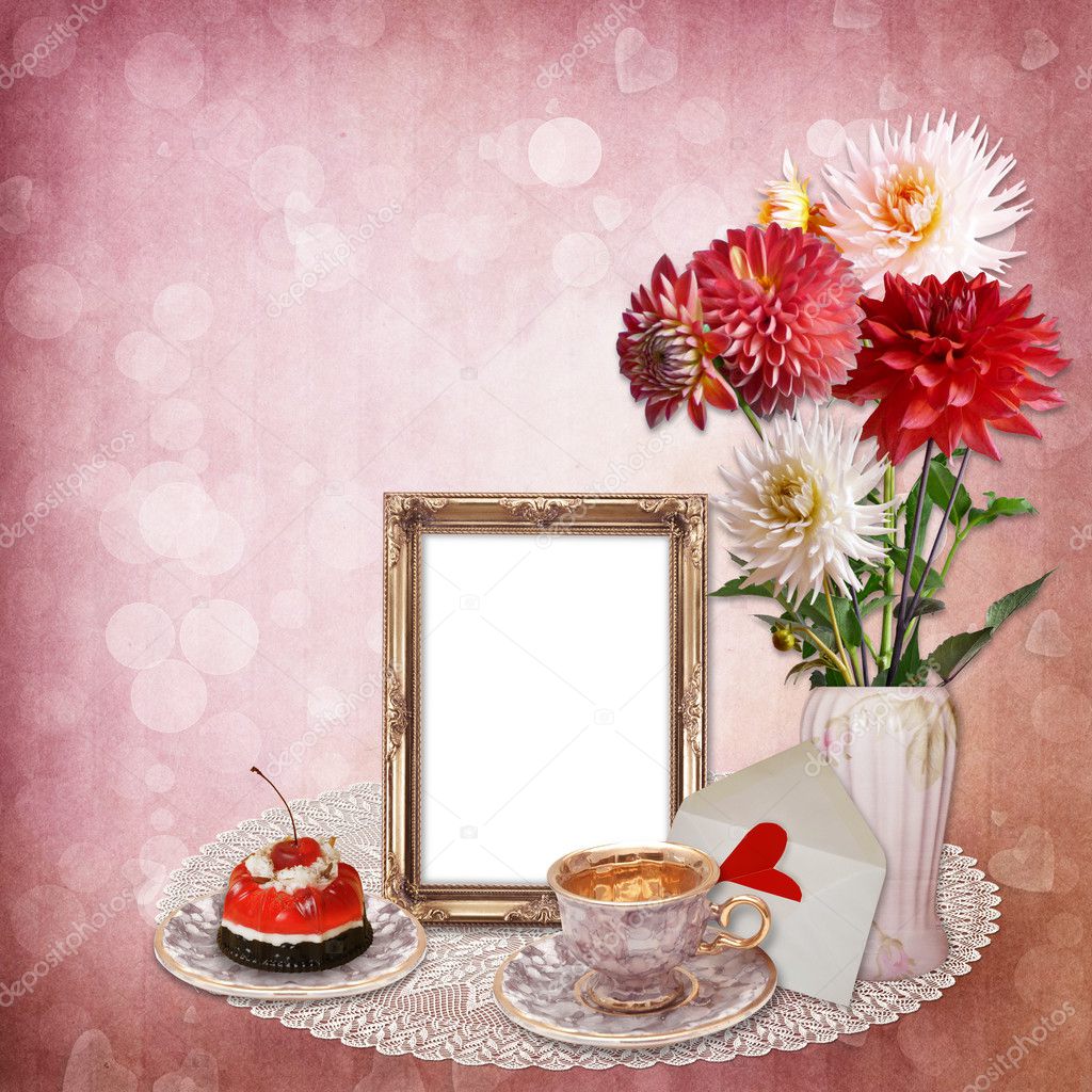 Frame with a bouquet of flowers on vintage background