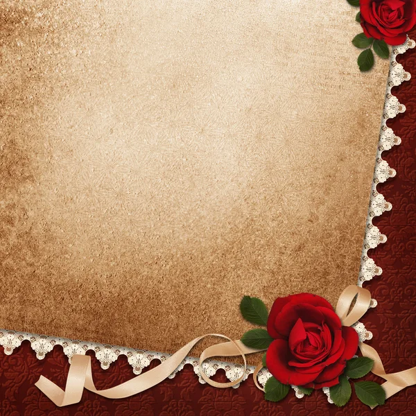 Vintage background with roses, lace and ribbon — Stock Photo, Image