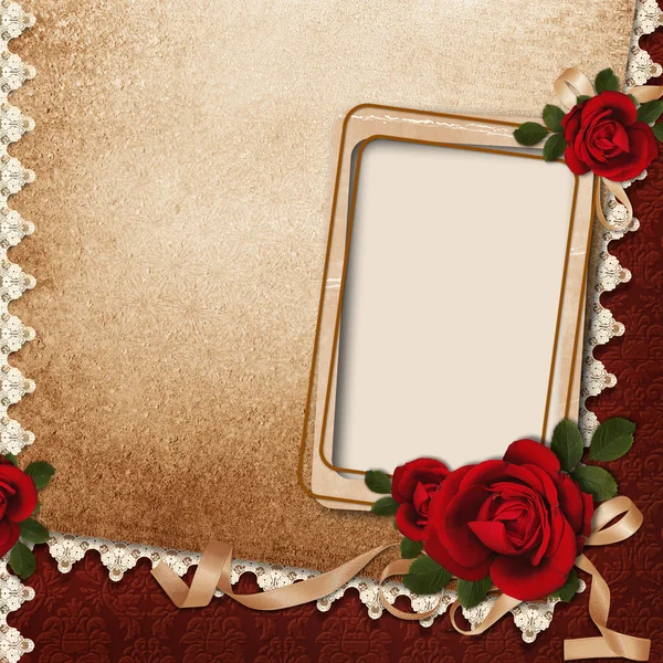 Винтажный фон с рамкой, розами и лентами — стоковое фото