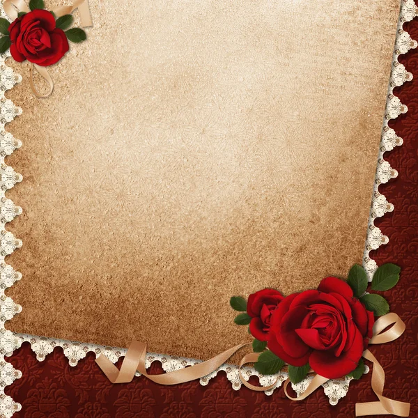 Vintage background with roses, lace and ribbon — Stock Photo, Image