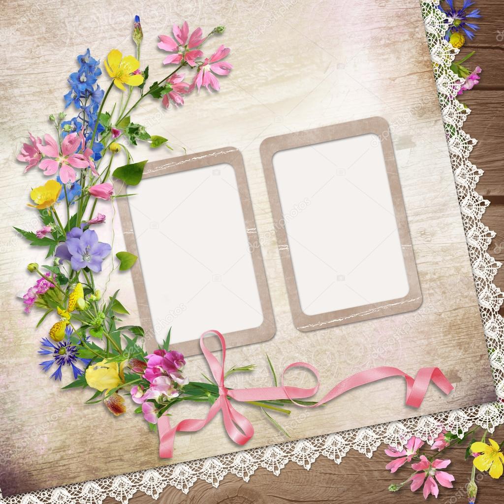 Flowers and frame on vintage background