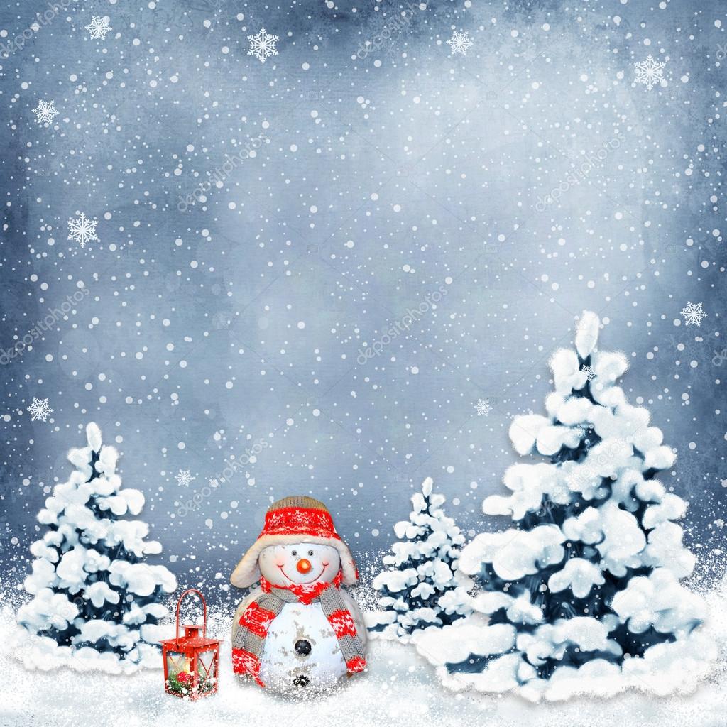 Winter background with a snowman and Christmas trees