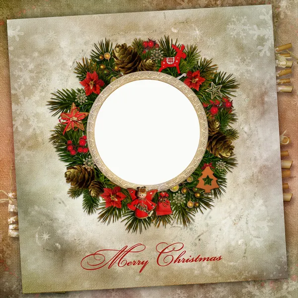 Christmas wreath with decoration on a vintage background — Stock Photo, Image
