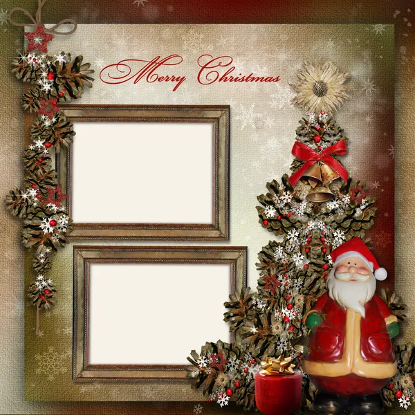 Винтажный фон с рамкой, елкой и Дедом Морозом — стоковое фото
