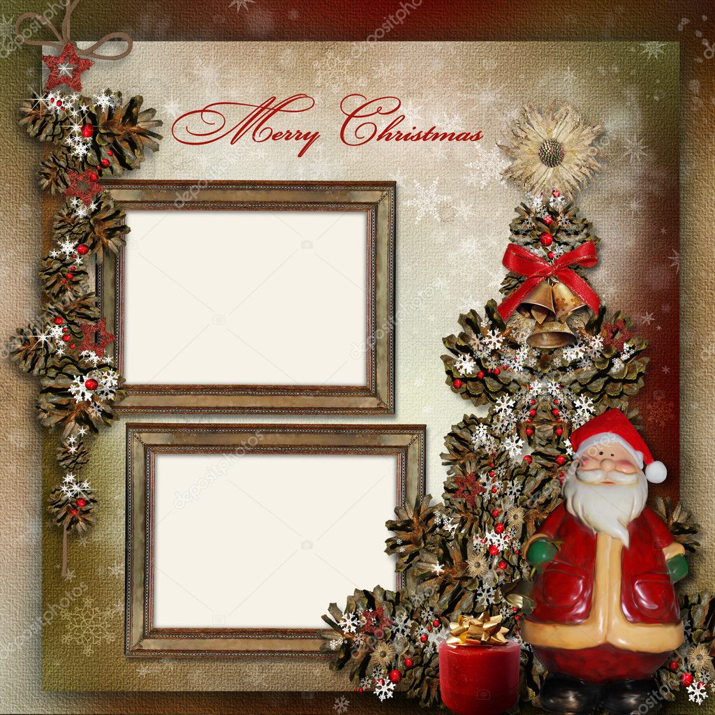 Vintage background with frame, Christmas tree and Santa Claus