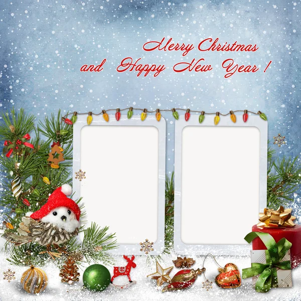 Christmas decoration with frames on a snowy background — Stock Photo, Image