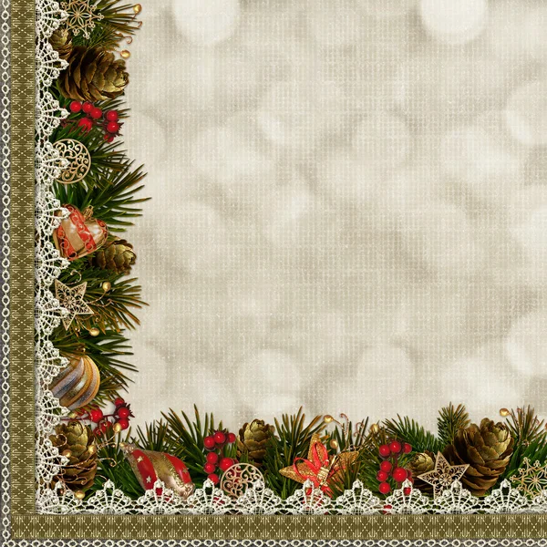 Borders of Christmas decorations with lace on vintage background — Stock Photo, Image