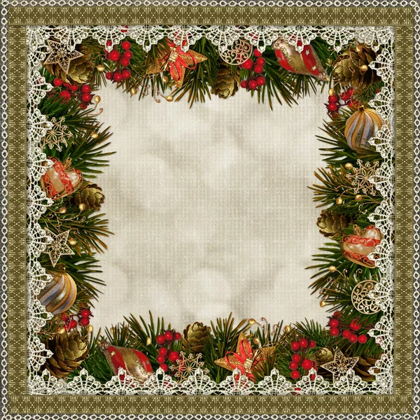 Borders of Christmas decorations with lace on vintage background — Stock Photo, Image