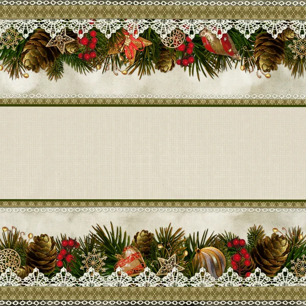 Fronteras de decoraciones navideñas con encaje sobre fondo vintage — Foto de Stock