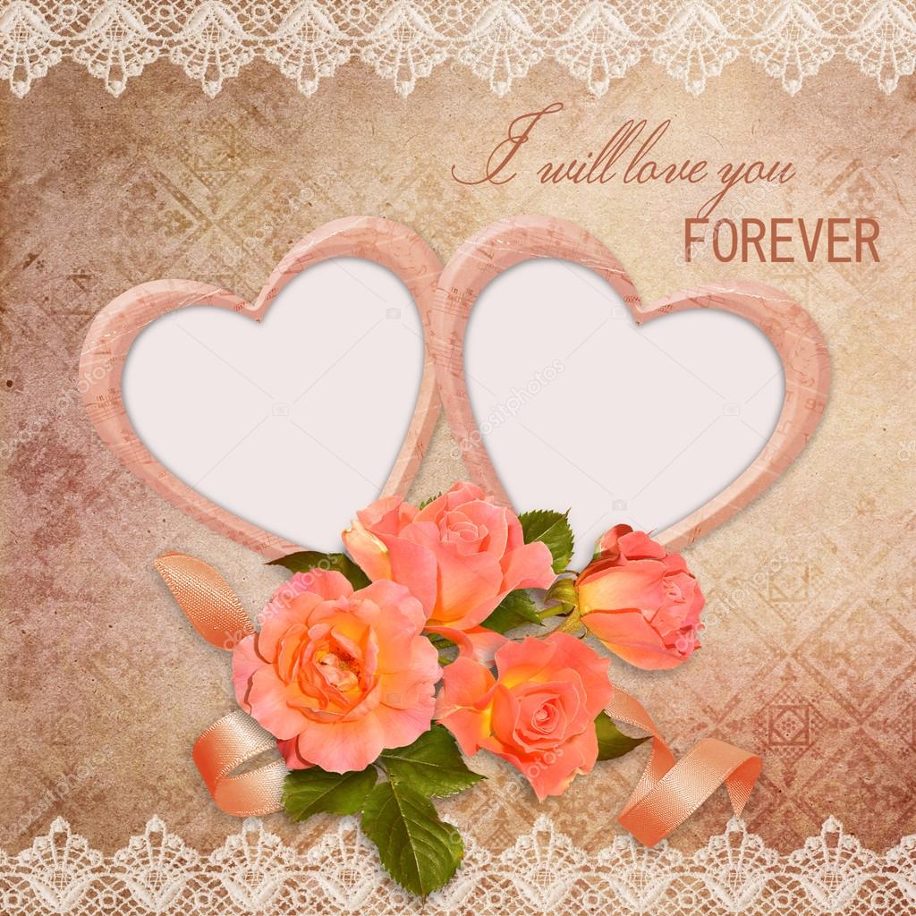 The frame in the form of heart with roses on vintage background