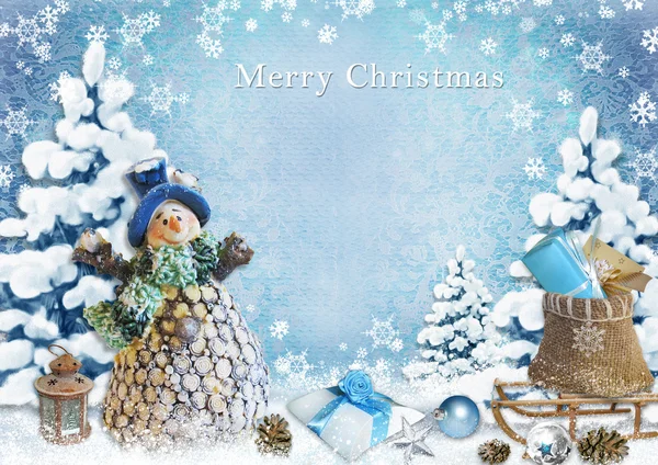 Christmas background with snowman and gifts — Stock Photo, Image