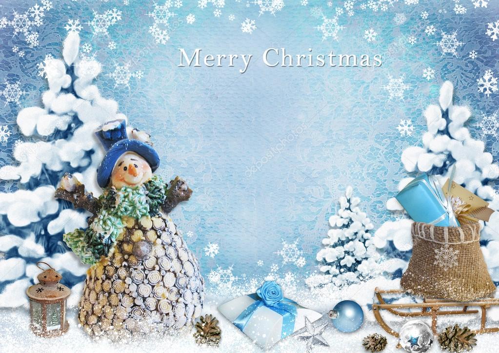 Christmas background with snowman and gifts