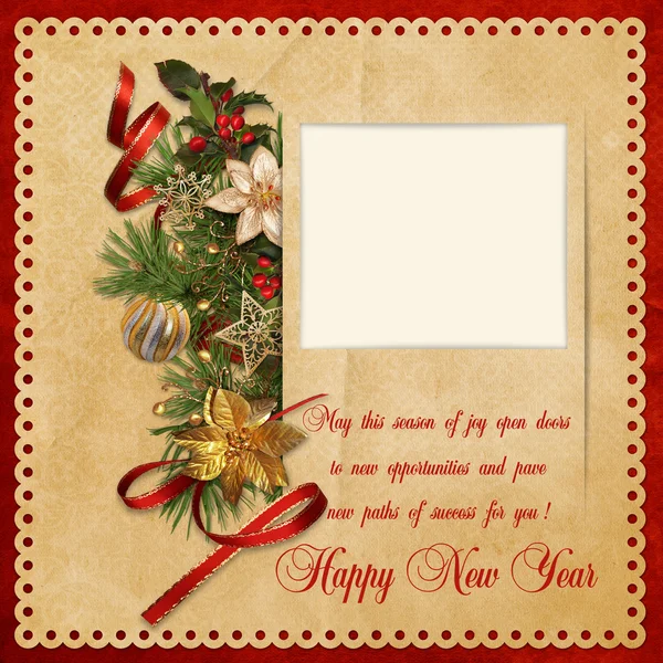 Beautiful vintage background with Christmas decorations and the frame for photo — Stock Photo, Image