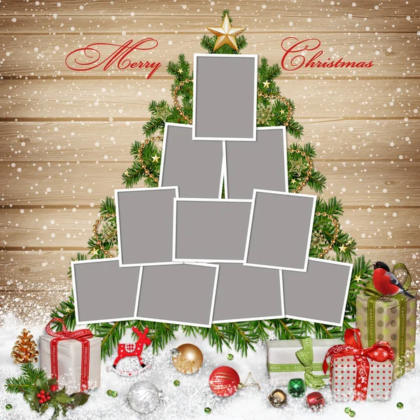 Frames for family, Christmas decorations and gifts on wooden background — Stock Image Frames for family, Christmas decorations and gifts on wooden background Stock Photo