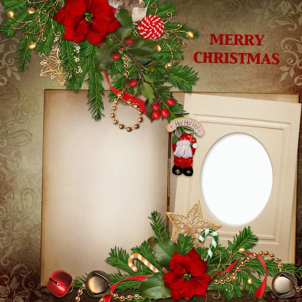 Antika arka plan üzerinde muhteşem Noel süslemeleri ile çerçeve — Stok fotoğraf