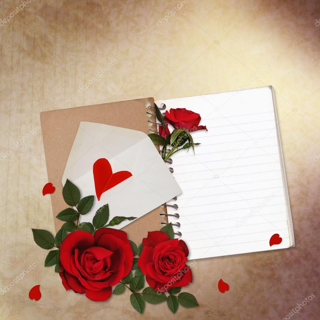 Vintage background with red roses, notepad and heart