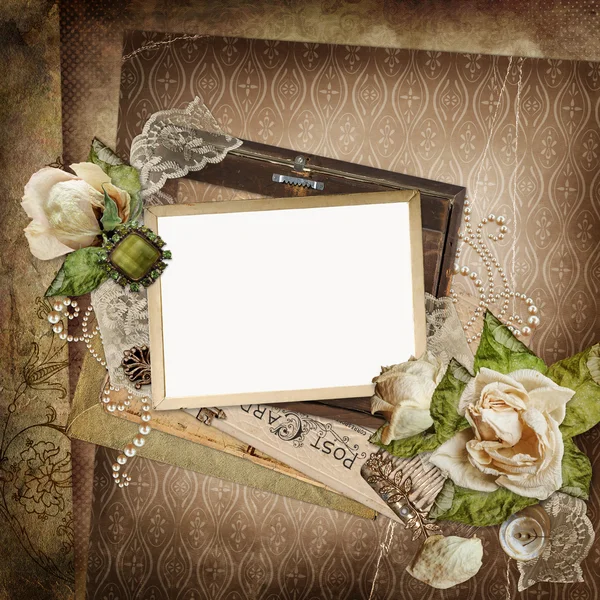 Vintage shabby background with frame, faded roses, old letters — Stock Photo, Image