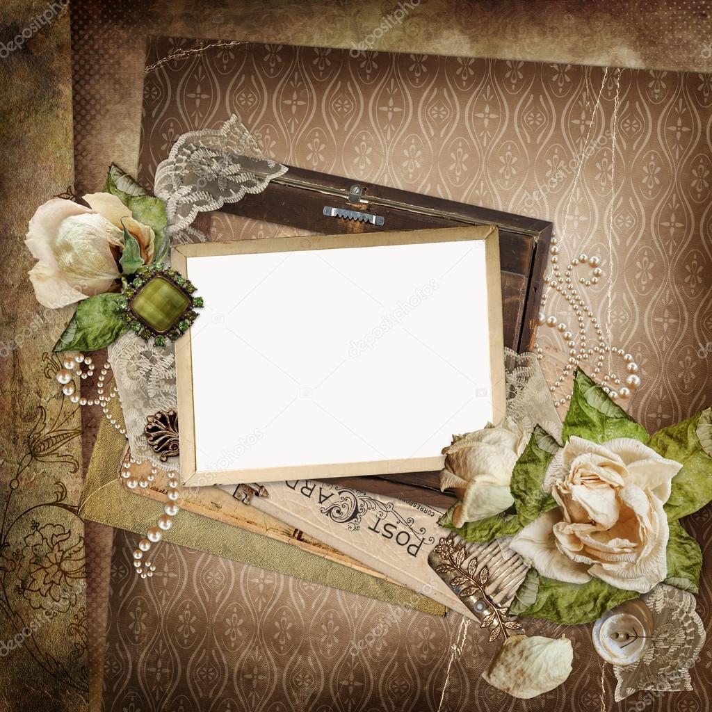 Vintage shabby background with frame, faded roses, old letters