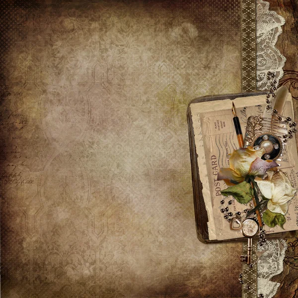Vintage background with faded roses, lace, old letters — Stock Photo, Image