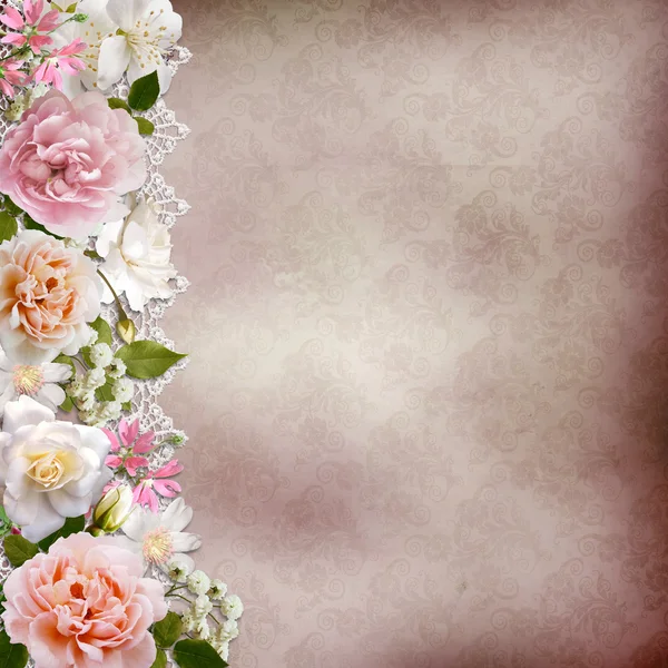Border of flowers with lace on vintage background — Stock Photo, Image