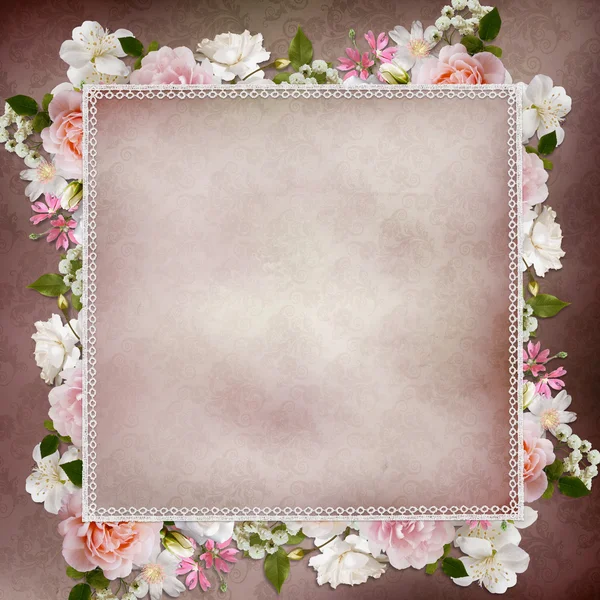 Border of roses, lace on vintage background — Stock Photo, Image