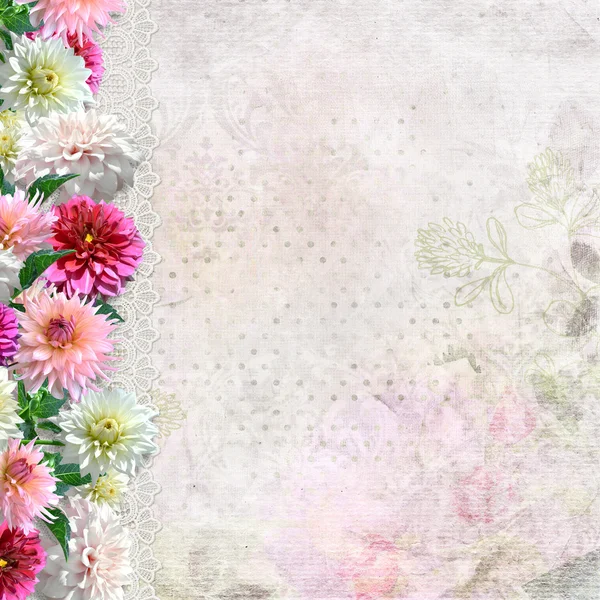 Vintage background with a border of colorful dahlias — Stock Photo, Image