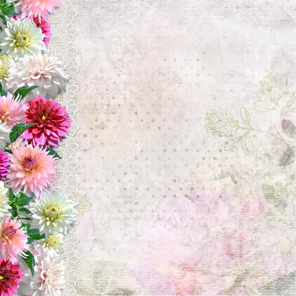 Vintage background with a border of colorful dahlias