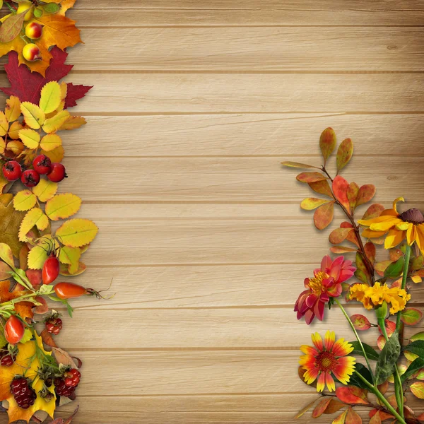 Fronteira e um buquê de outono Listeva bagas em fundo de madeira — Fotografia de Stock