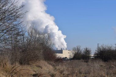 Fabrika binasının dumanı tüten bacaları. 