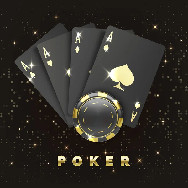 Four Black Poker Cards Gold Suit Casino Chip Quads Four — Stock Vector