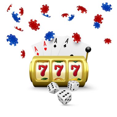 Kumarhane büyük kazanç posteri. 3D altın kumar makinesi siyah kart, dört as, düşme ve poker fişi. Kumarhane afişi için tasarım elemanı. Vektör illüstrasyonu