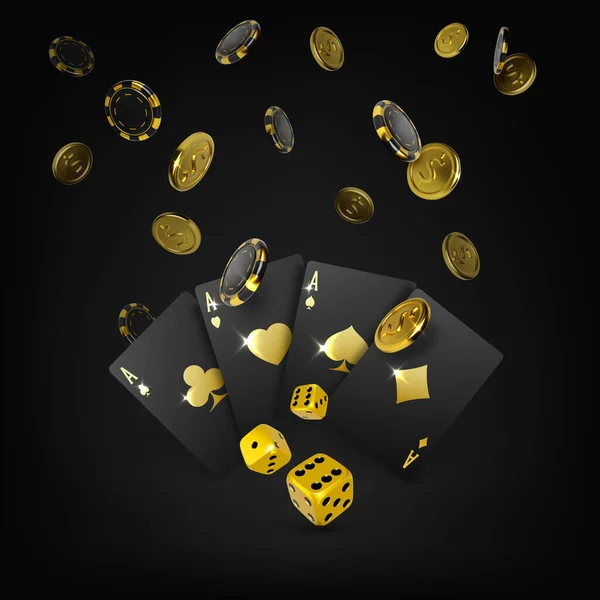 Большой Выигрышный Постер Казино Золотые Кубики Черные Игральные Карты Четыре — стоковый вектор