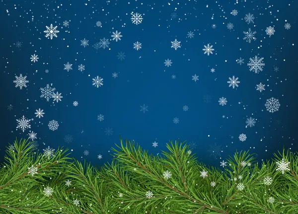 圣诞快乐 新年快乐贺卡 圣诞树分枝在蓝色的背景上 白色雪花飘落 假日装饰元素 矢量说明 — 图库矢量图片