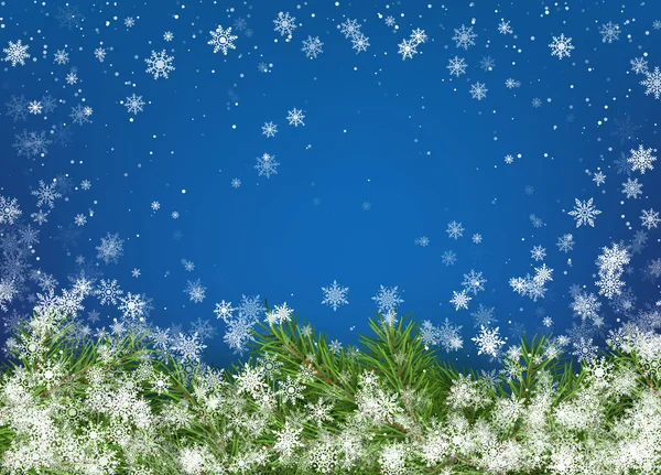 Weihnachtsbaumzweige Auf Blauem Hintergrund Mit Weißen Schneeflocken Frohe Weihnachten Und — Stockvektor