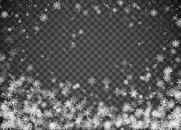 Sneeuwval Kerstsneeuw Vallende Sneeuwvlokken Donkere Transparante Achtergrond Kerstvakantie Achtergrond Ontwerp — Stockvector