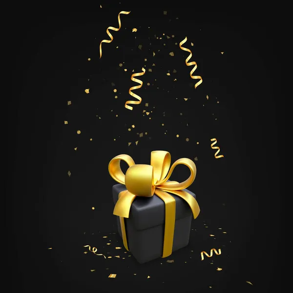 Coffret Cadeau Noir Avec Ruban Dans Style Réaliste Forfait Surprise — Image vectorielle