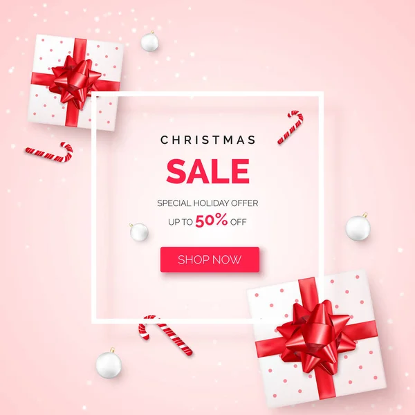 Bannière Vente Noël Avec Boîtes Cadeaux Avec Ruban Rouge Arc — Image vectorielle