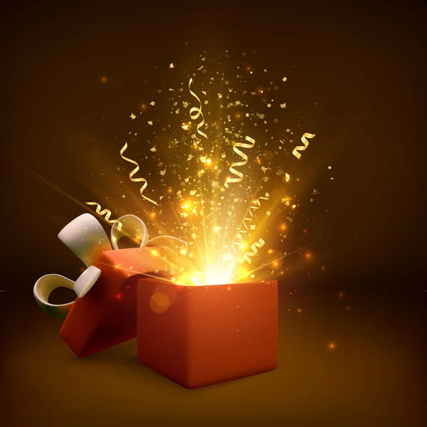 Open Gift Fireworks Glitter Present Box Decoration Design Element Holiday — Stock Vector