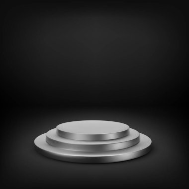 Gerçekçi 3D kara sahne. Podyum ya da sahne. Reklam tasarımı için podyumu olan boş bir stüdyo. Vektör illüstrasyonu