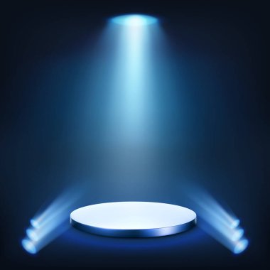 Parlak ışıklar ve mavi boş sahne. Zarif promosyon tasarım şablonu. Stüdyo ya da sahne arkası. Vektör illüstrasyonu