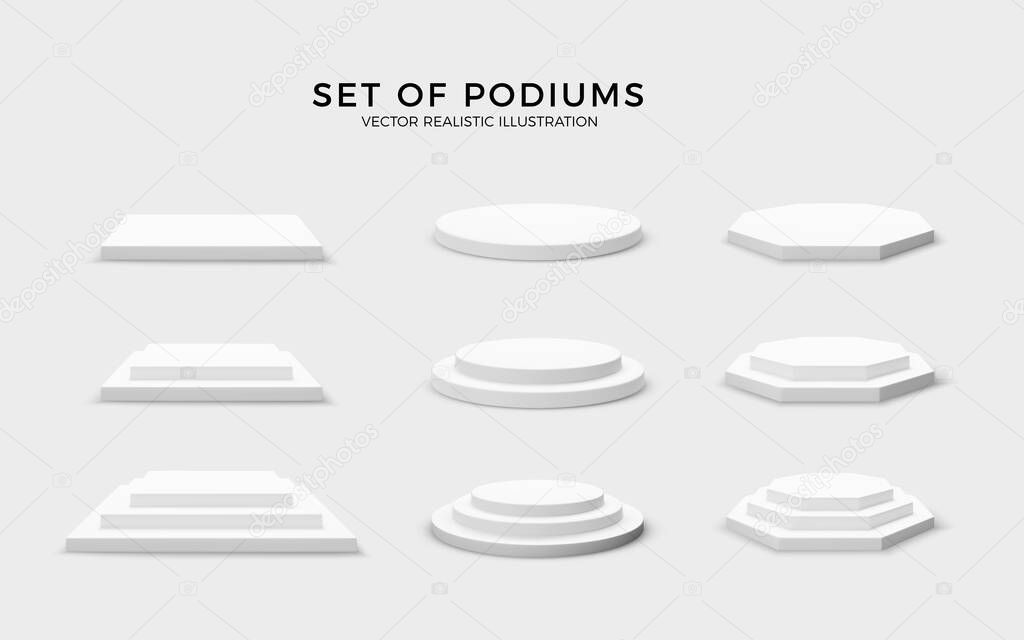 Round hexagonal and square stage collection. Set of empty podiums isolated on white background. Vector illustration