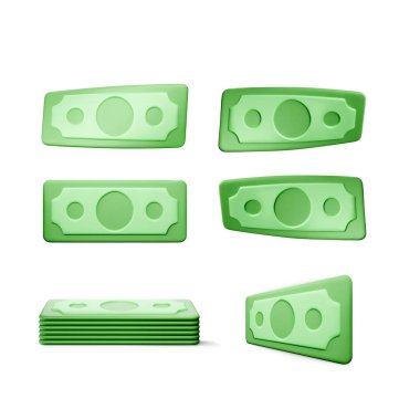 Bir dolarlık banknot. Yeşil 3D Amerikan parası. Çizgi film tarzında bir dolar banknot. Vektör illüstrasyonu