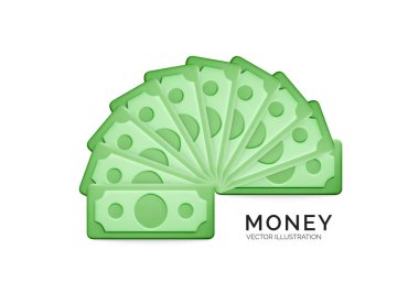 Yeşil kağıt dolar ikonu. Fan siluetinde dolar banknotu. Çizgi film parası beyaz arka planda izole edilmiş. Vektör illüstrasyonu