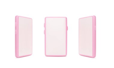3D render akıllı telefon. Cep telefonu gerçekçi maketi. Beyaz arkaplanda boş ekranlı pembe telefon şablonu. Vektör illüstrasyonu