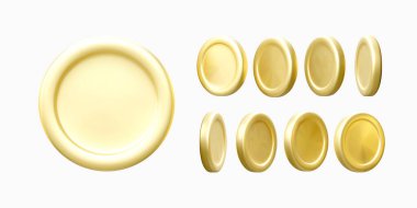 Altın sikke. Altın para transferi seti. Gerçekçi çizgi film tarzı illüstrasyon. Metal paranın 3 boyutlu kopyası. Vektör  