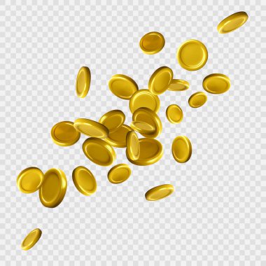 Şeffaf arkaplanda gerçekçi altın sikkenin patlaması. Düşen ya da uçan çizgi film parası. İkramiye ya da kumarhane poker kazanma unsuru. Nakit hazine konsepti. Vektör