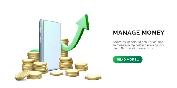 Manage Money Concept Mobile Phone Application Coin Stack Green Arrow — Vector de stock