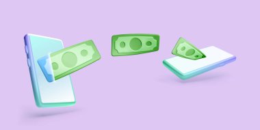 Uçan kağıt paralı 3D cep telefonu. Çevrimiçi ödeme ya da işlem konsepti. Kablosuz mali yönetim uygulaması. Vektör illüstrasyonu