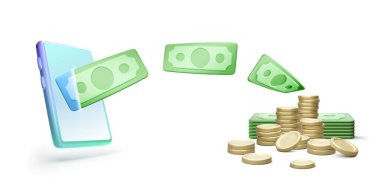 Cep telefonu altın sikkeleri ve kağıt para birimleri gerçekçi çizgi film tarzında. Para tasarrufu ve çevrimiçi mali yönetim kavramı. Vektör illüstrasyonu